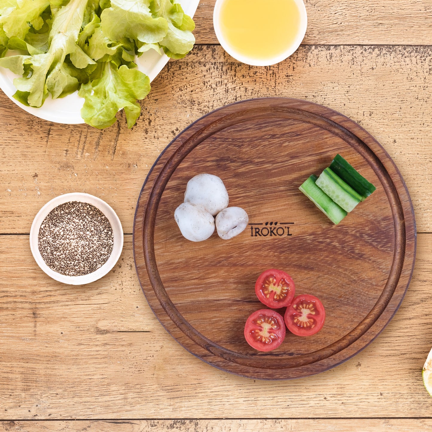 İROKO’L Yuvarlak İroko Ağacı Ahşap Sunum & Kesme Tahtası – 25x25 cm | Oluklu, Gıdaya Uygun