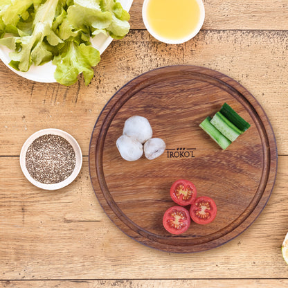 İROKO’L Yuvarlak İroko Ağacı Ahşap Sunum & Kesme Tahtası – 25x25 cm | Oluklu, Gıdaya Uygun
