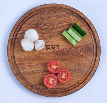 İROKO’L Yuvarlak İroko Ağacı Ahşap Sunum & Kesme Tahtası – 25x25 cm | Oluklu, Gıdaya Uygun