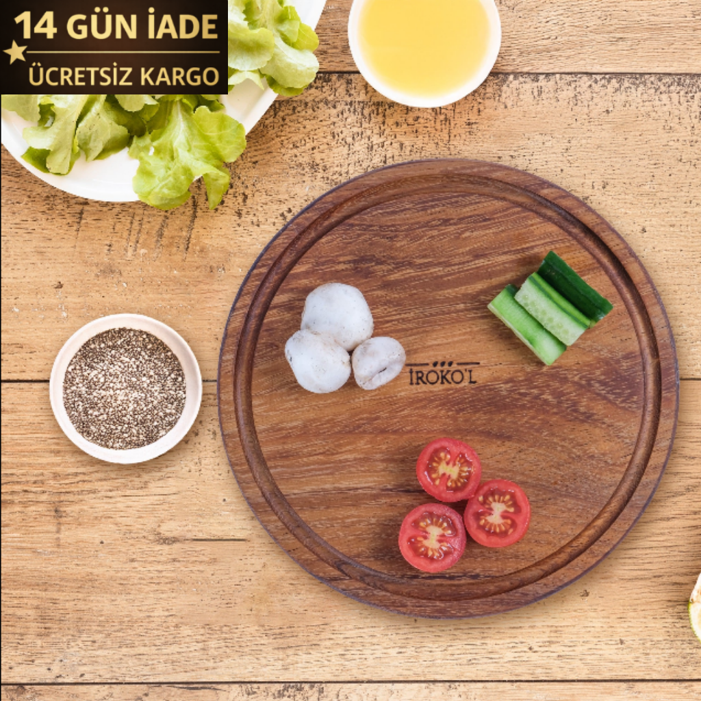 İROKO’L Yuvarlak İroko Ağacı Ahşap Sunum & Kesme Tahtası – 25x25 cm | Oluklu, Gıdaya Uygun