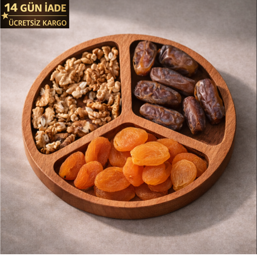 El Yapımı Ahşap Çerezlik – 3 Bölmeli Sunum Tabağı