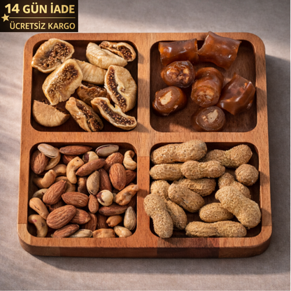 El Yapımı Ahşap Çerezlik – 4 Bölmeli Sunum Tabağı